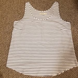 Navy blue striped white top.